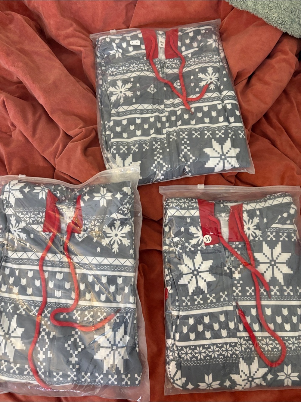 Grey & White Snowflake Zip Onesie with Red Drawstrings